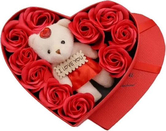 Gift Box Heart Red Teddy Bear 10 Decorative Roses 17x15.5cm