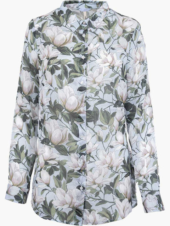 Langärmelig Damen Hemd Olive Blumen
