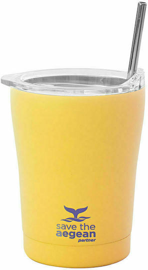 Estia Coffee Mug Save The Aegean Recyclable Glass Thermos Stainless Steel BPA Free 350ml Pineapple Yellow with Straw