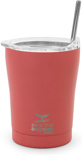 Estia Coffee Mug Save The Aegean Recyclable Glass Thermos Stainless Steel BPA Free 350ml Fusion Coral with Straw
