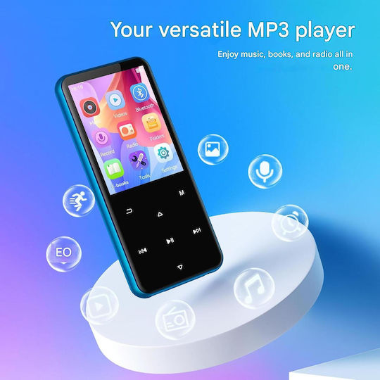 Agptek MP3 Player 64 GB Bluetooth 5.3 Ecran 2.4 Inch Set Căști Cablu USB Tip C Suportă Card Până la 128 GB Butoane Tactile Difuzor Radio FM E-book Alarmă Albastru