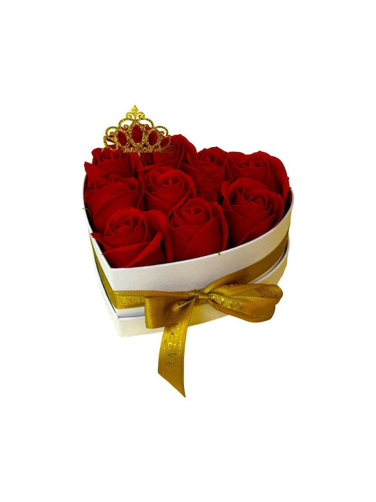 Aranjament Floral Royal Crown Cutie În Formă De Inimă 10 Trandafiri Săpun Coroană Aurie Deasupra