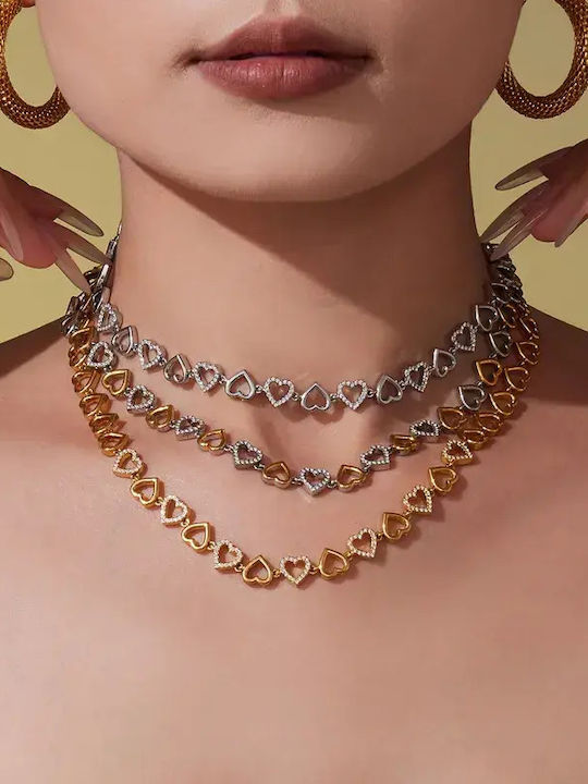 Necklace with design Heart from Gold Plated Steel with Zircon