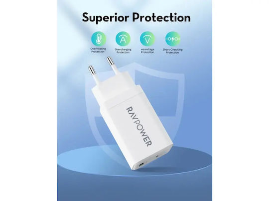 RAVPower Φορτιστής Χωρίς Καλώδιο GaN με Θύρα USB-A και Θύρα USB-C 45W Power Delivery Λευκός (RP-PC171)