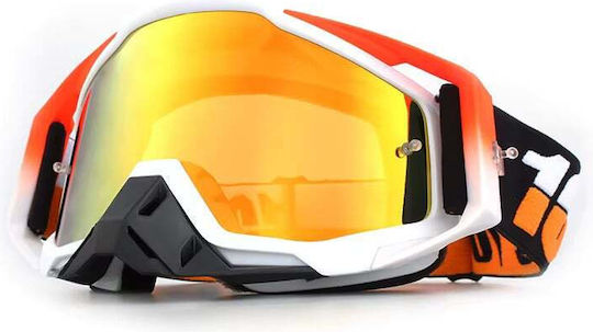 Ochelari Moto Atv Enduro Cross Fixato Lentilă Aurie Cadru Portocaliu Alb