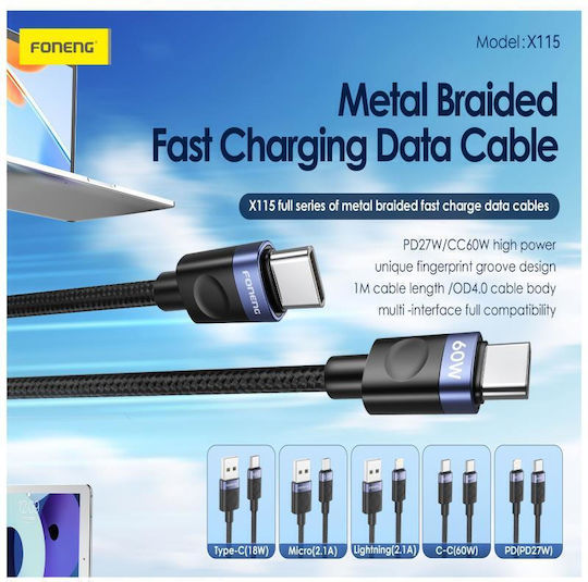 Foneng Braided USB 2.0 Cable USB-C male - USB-C 60W Μαύρο 1m