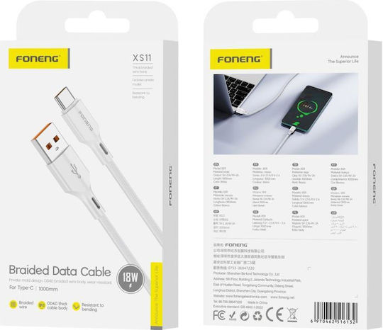 Foneng Braided USB 2.0 Cable USB-C male - USB-A 18W Λευκό 1m