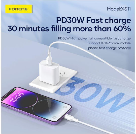 Foneng Braided USB 2.0 Cable USB-C male - USB-A 18W Λευκό 1m