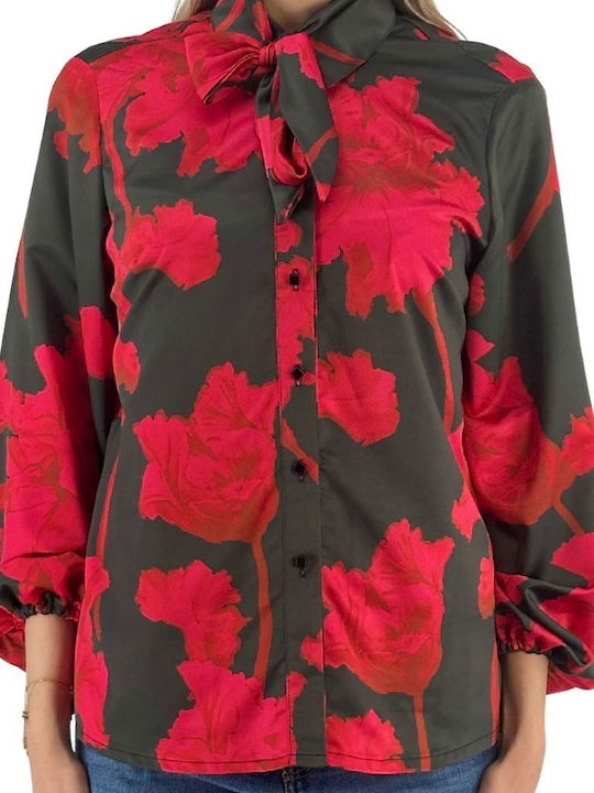 Women's Satin Floral Long Sleeve Shirt Red
