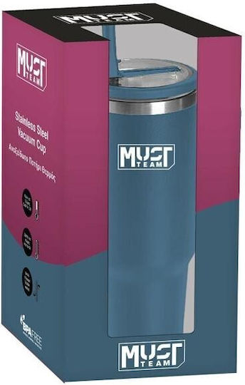 Must Team Glass Thermos Stainless Steel 900ml Blue with Straw