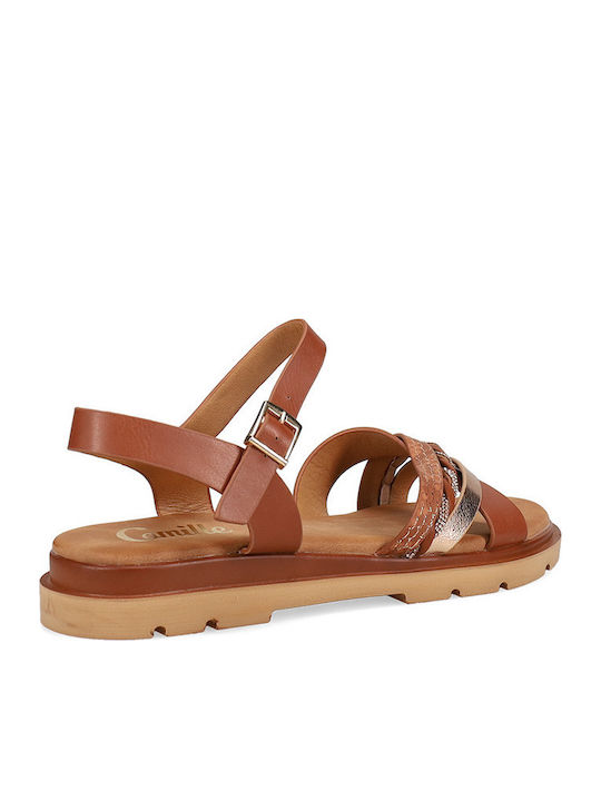 Flache Sandalen für Damen mit Riemen in Tabac Braun Farbe