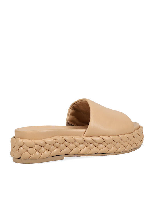 Leder Flache Sandalen für Damen Flatforms in Beige Farbe