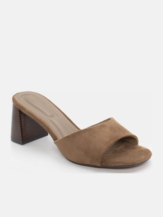 Suede Mules με Χοντρό Χαμηλό Τακούνι σε Χακί Χρώμα
