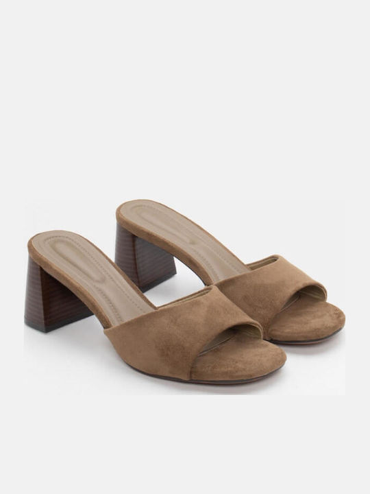 Suede Mules με Χοντρό Χαμηλό Τακούνι σε Χακί Χρώμα