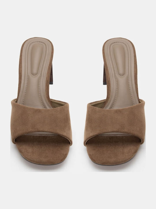 Suede Mules με Χοντρό Χαμηλό Τακούνι σε Χακί Χρώμα