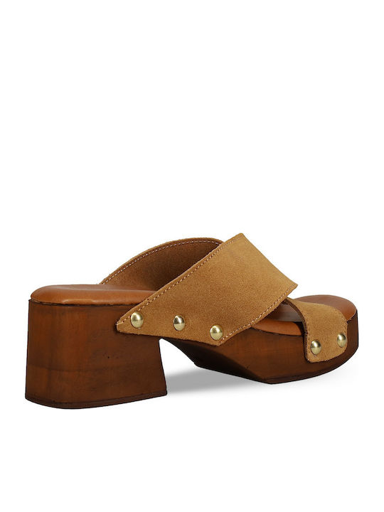 Leather Mules with Chunky Heel in Brown Color