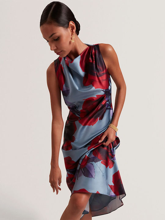 Summer Midi Dress for Wedding Christening Drape Satin Lt-Blue 282436-Lt-Blue