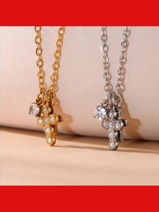 Necklace Double from Gold Plated Steel with Diamond & Zircon