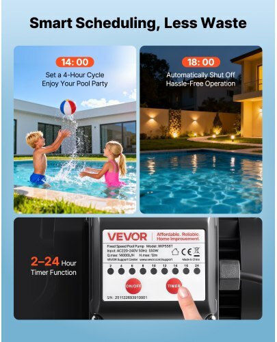 Vevor Pompa De Apă Pentru Piscină Cu Filtru Cu O Singură Fază Cu Alimentare Maximă 14000 Lt/h