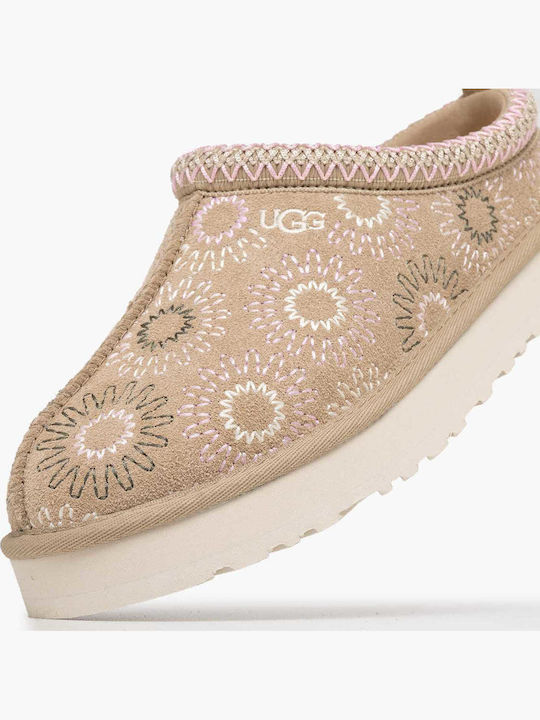 Leather Winter Women's Slippers Beige