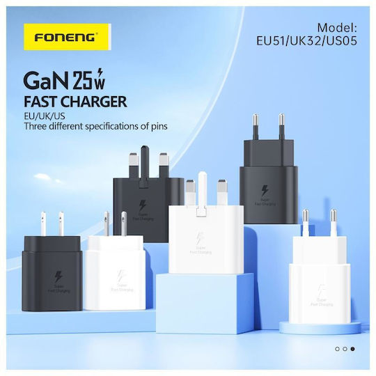 Foneng Φορτιστής GaN με Θύρα USB-C και Καλώδιο USB-C - USB-C 25W Power Delivery / Quick Charge 2.0 Μαύρος (EU51)