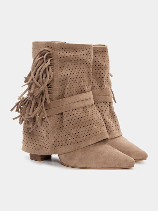 Suede Women's Cowboy Boots with High Heel Beige
