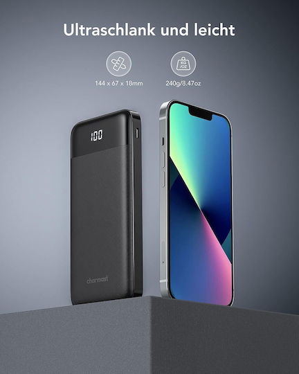 Charmast W1148 Power Bank 10000mAh 20W with 2 USB-A Ports and USB-C Power Delivery Port Black