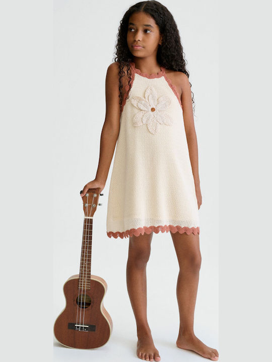 Girls Dress Sleeveless Knitted Set with Coat and Accessories Beige Port