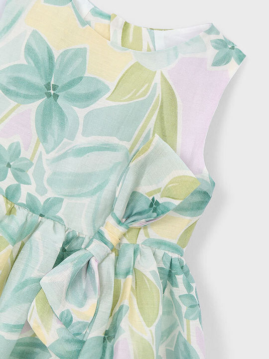 Girls Sleeveless Linen Floral Dress Turquoise