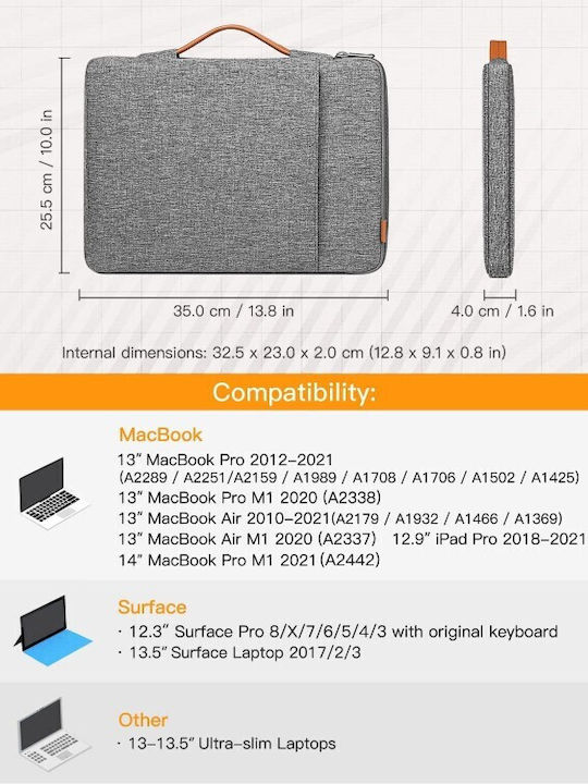 Inateck 360° Protection Αδιάβροχη Θήκη για Laptop 13.5" σε Γκρι χρώμα