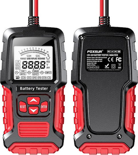 Foxsur Fbt-300 Tester Inteligent de Baterii 12v/24v Mașini Motociclete Ecran Lcd 2.7" Compatibil Vrla Gel Agm Efb Std Baterii Negru Roșu