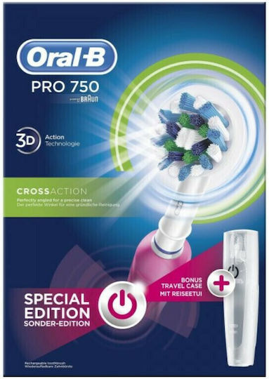 Oral-B Pro 750 CrossAction Special Edition Ηλεκτρική Οδοντόβουρτσα με Χρονομετρητή και Θήκη Ταξιδίου Ροζ