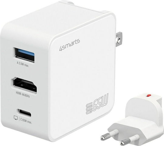 4Smarts Φορτιστής Χωρίς Καλώδιο GaN με Θύρα USB-A και Θύρα USB-C 65W Power Delivery Λευκός (541711)