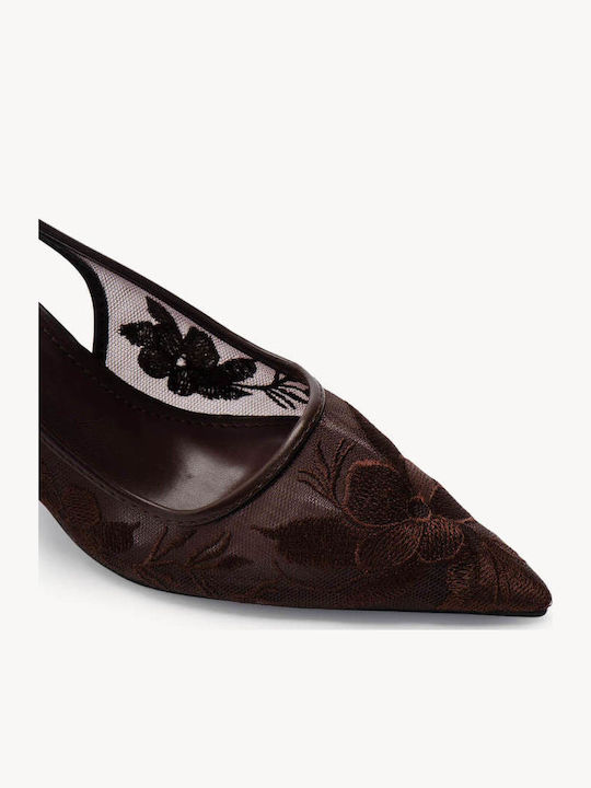 Brown Heels Slingback Embroidered Tulle