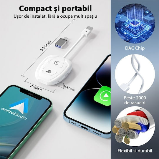 Wireless Adapter Tht-020-9-1 Apple Carplay Android Auto Usb-type-c Dongle 5g Wifi Bluetooth Automatic Connection White