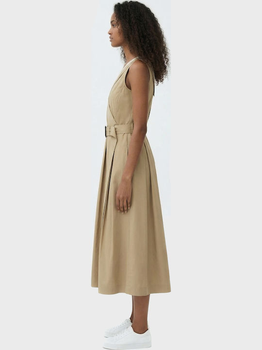 Καλοκαιρινό Midi Φόρεμα Αμάνικο Beige