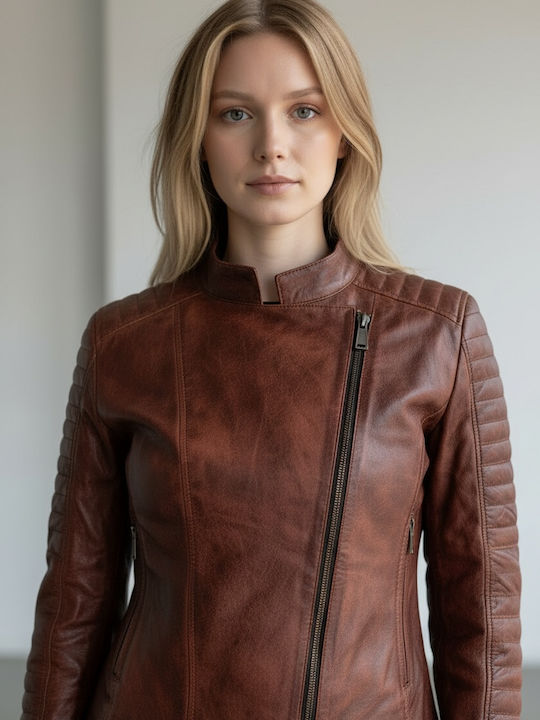 Δερμάτινο Γυναικείο Μπουφάν για Χειμώνα Cognac