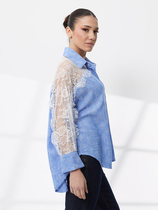 Langärmelig Damen Denim Hemd Hellblau