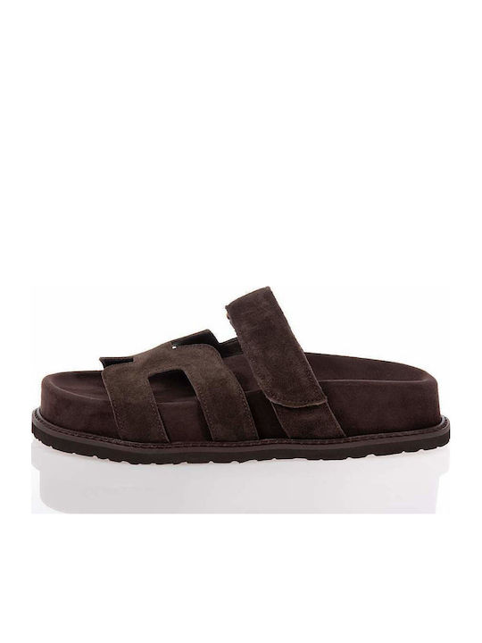 Δερμάτινα Γυναικεία Ανατομικά Σανδάλια Flatforms Καφέ