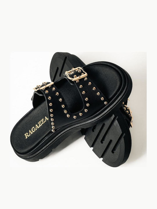 Δερμάτινα Γυναικεία Σανδάλια Flatforms Μαύρα