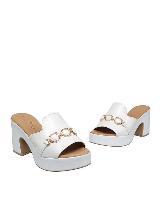 Leather Mules with Chunky Low Heel in White Color