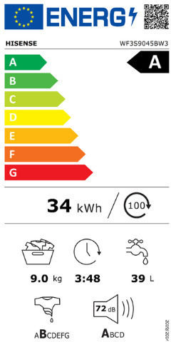 Hisense Πλυντήριο Ρούχων 9kg 1400 Στροφών WF3S9045BW3