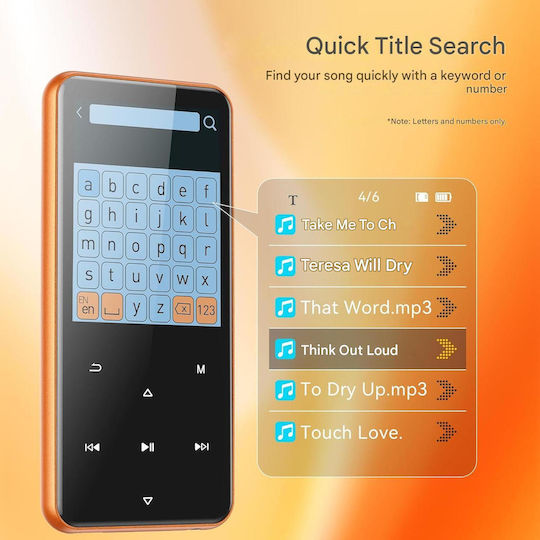 Agptek 64 Gb Mp3 Player Bluetooth 5.3 Ecran de 2.4 Inch Set Căști Cablu Usb Type C Suportă Card Până la 128gb Difuzor Radio Fm E-book Alarmă Portocaliu