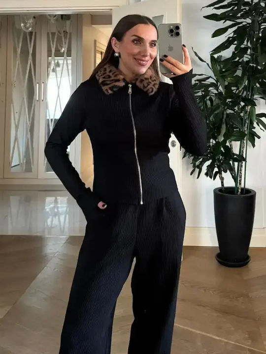 Fleece Damen Strickjacke mit Reissverschluss Schwarze/Leo