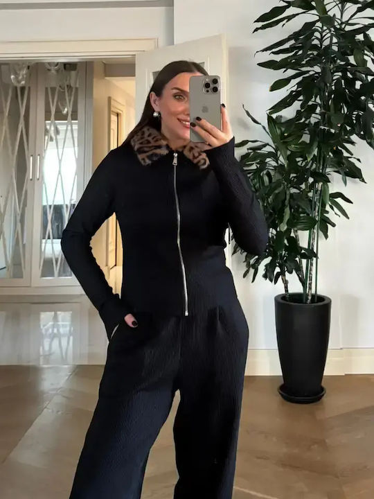 Fleece Damen Strickjacke mit Reissverschluss Schwarze/Leo