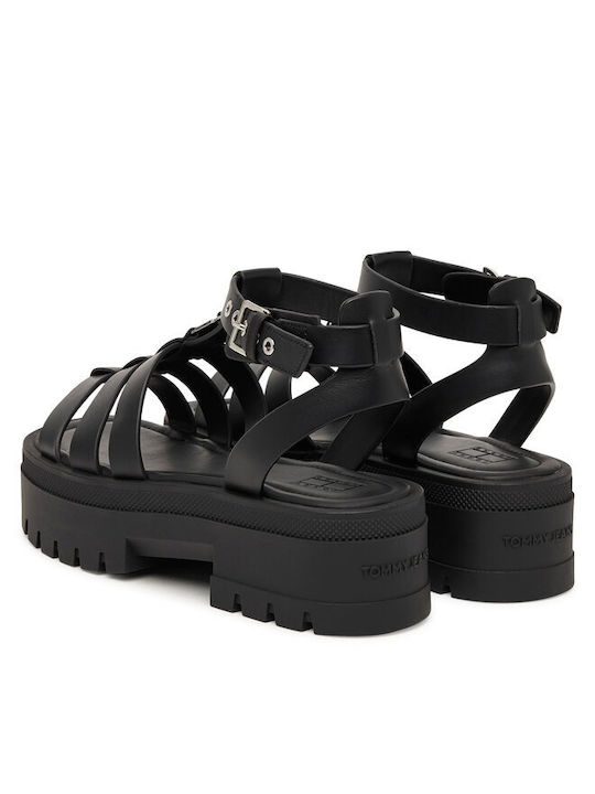 Leder Flache Sandalen für Damen in Schwarz Farbe