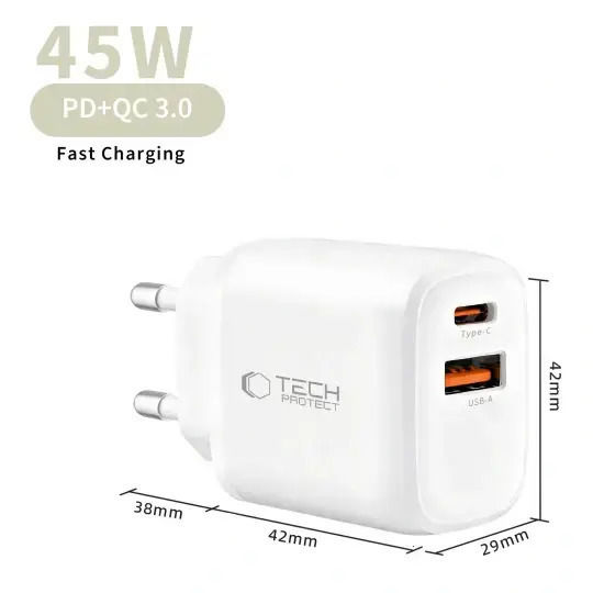 Tech-Protect Φορτιστής GaN με Θύρα USB-A και Θύρα USB-C και Καλώδιο USB-C - USB-C 45W Power Delivery / Quick Charge 3.0 Λευκός (NCA45W)