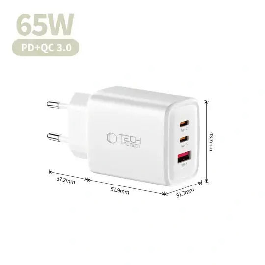 Tech-Protect Charger Without Cable GaN with USB-A Port and 2 USB-C Ports 65W Power Delivery / Quick Charge 3.0 Whites (NCA65W)