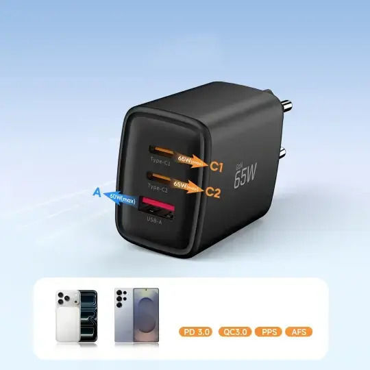 Tech-Protect Зарядно без кабел GaN с USB-A порт и 2 USB-C порта 65W Power Delivery / Quick Charge 3.0 Черен (NCA65W)