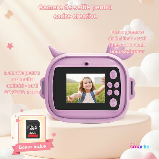 Smartic Cameră Pentru Copii Hd 1080p Rezoluție Baterie 1100mah Ecran 2.4 Inch Card Memorie 32 Gb Funcție Imprimare Instant 4 Jocuri 4 Role Imprimare Mp3 Mod Selfie 6 Markere